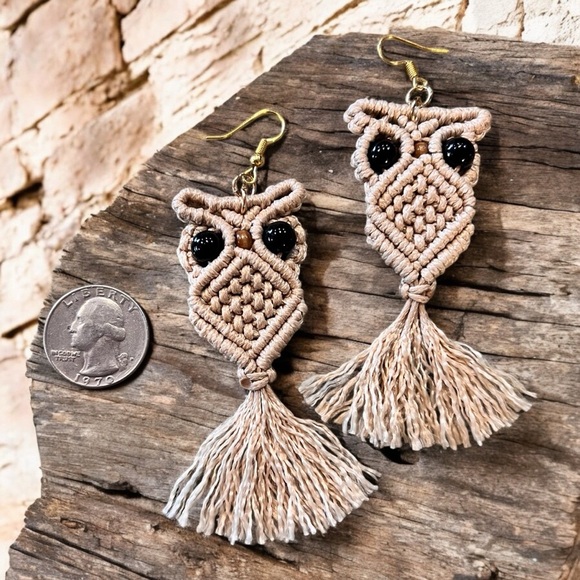 Owl macrame earrings 70s vibes Macrame Wood Hypoallergenic Ear wires Adorable - Picture 15 of 15